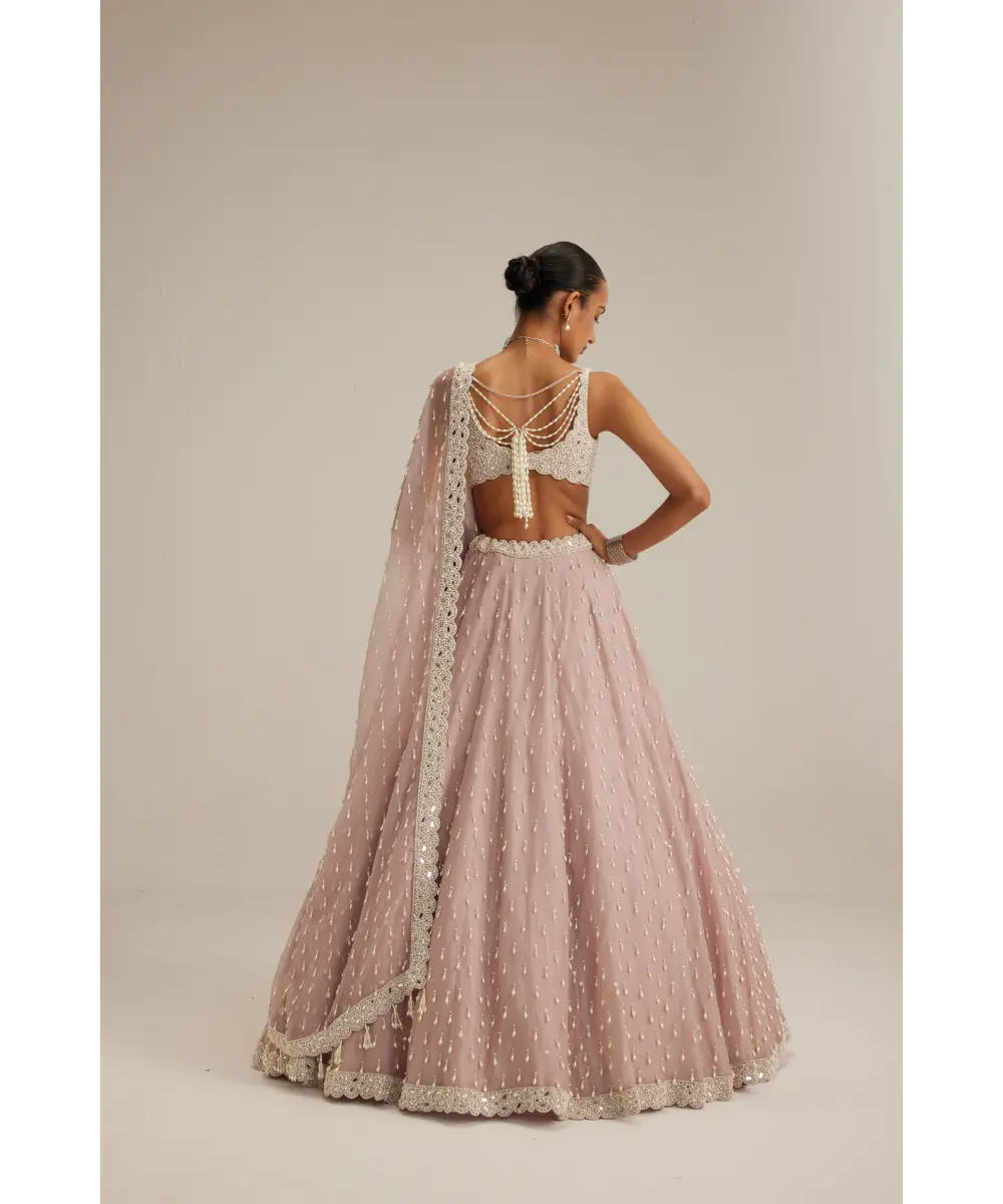 VVANI VATS- Ash Pink Pearl Drop Organza Lehenga Set